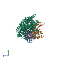 PDB entry 2rdb coloured by chain, side view.