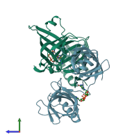 PDB entry 2rde coloured by chain, side view.