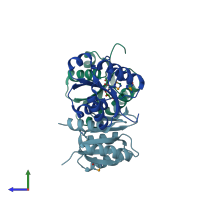 PDB entry 2rdm coloured by chain, side view.