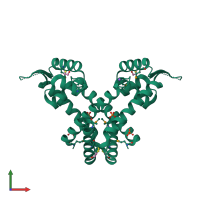 Homo dimeric assembly 1 of PDB entry 2rdp coloured by chemically distinct molecules, front view.