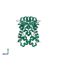 Homo dimeric assembly 1 of PDB entry 2rdp coloured by chemically distinct molecules, side view.