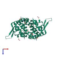 Homo dimeric assembly 1 of PDB entry 2rdp coloured by chemically distinct molecules, top view.