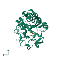 PDB entry 2rdr coloured by chain, side view.