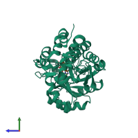 PDB entry 2rdu coloured by chain, side view.