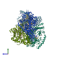PDB entry 2rdz coloured by chain, side view.