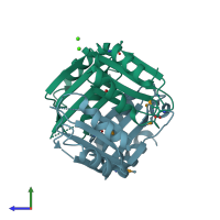 PDB entry 2re1 coloured by chain, side view.