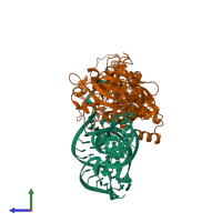 PDB entry 2re8 coloured by chain, side view.