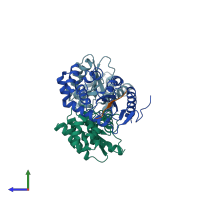 PDB entry 2rem coloured by chain, side view.