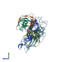 PDB entry 2rf4 coloured by chain, side view.