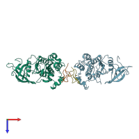PDB entry 2rf9 coloured by chain, top view.