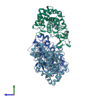 PDB entry 2rfb coloured by chain, side view.