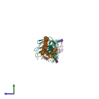 PDB entry 2rft coloured by chain, side view.