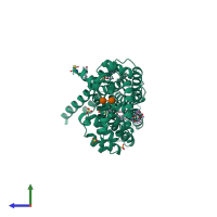 PDB entry 2rh1 coloured by chain, side view.