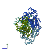 PDB entry 2rhm coloured by chain, side view.