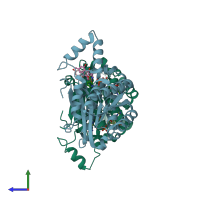 PDB entry 2rhr coloured by chain, side view.