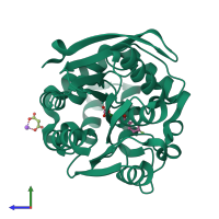 PDB entry 2rhw coloured by chain, side view.
