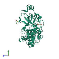 PDB entry 2rhz coloured by chain, side view.