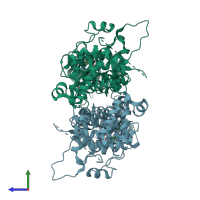 PDB entry 2rio coloured by chain, side view.