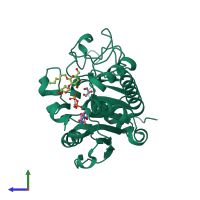 PDB entry 2rj1 coloured by chain, side view.
