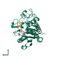 PDB entry 2rj8 coloured by chain, side view.