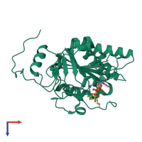 PDB entry 2rj8 coloured by chain, top view.