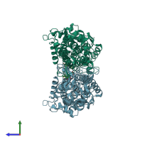 PDB entry 2rjs coloured by chain, side view.