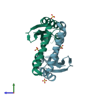 PDB entry 2rjz coloured by chain, side view.