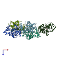 PDB entry 2rkb coloured by chain, top view.