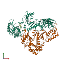 PDB entry 2rki coloured by chain, front view.