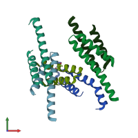 PDB entry 2rkl coloured by chain, front view.