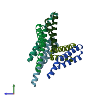 PDB entry 2rkl coloured by chain, side view.