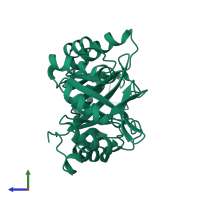 PDB entry 2rkx coloured by chain, side view.