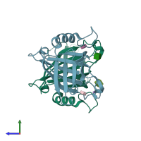 PDB entry 2rl8 coloured by chain, side view.