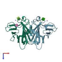 PDB entry 2rl8 coloured by chain, top view.