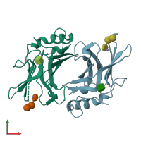 PDB entry 2rl9 coloured by chain, front view.