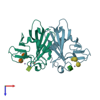 PDB entry 2rl9 coloured by chain, top view.