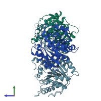 PDB entry 2rla coloured by chain, side view.