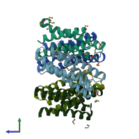 PDB entry 2rld coloured by chain, side view.