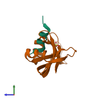 PDB entry 2rln coloured by chain, side view.
