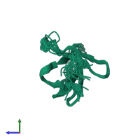 PDB entry 2rn8 coloured by chain, ensemble of 20 models, side view.