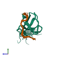 PDB entry 2rol coloured by chain, ensemble of 20 models, side view.