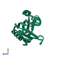 PDB entry 2rov coloured by chain, ensemble of 20 models, side view.