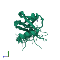 PDB entry 2rpr coloured by chain, ensemble of 20 models, side view.