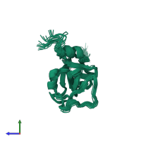 PDB entry 2rqa coloured by chain, ensemble of 20 models, side view.