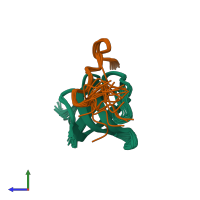 PDB entry 2rqu coloured by chain, ensemble of 20 models, side view.