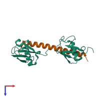 Hetero trimeric assembly 1 of PDB entry 2rr9 coloured by chemically distinct molecules, top view.