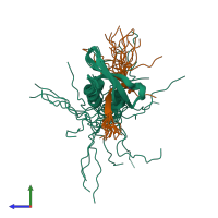 PDB entry 2rsn coloured by chain, ensemble of 20 models, side view.