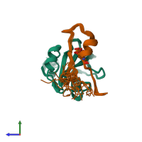 PDB entry 2rsy coloured by chain, ensemble of 20 models, side view.