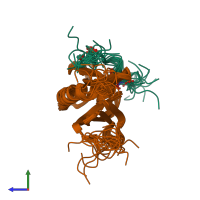 PDB entry 2ruk coloured by chain, ensemble of 20 models, side view.