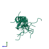 PDB entry 2ruw coloured by chain, ensemble of 20 models, side view.